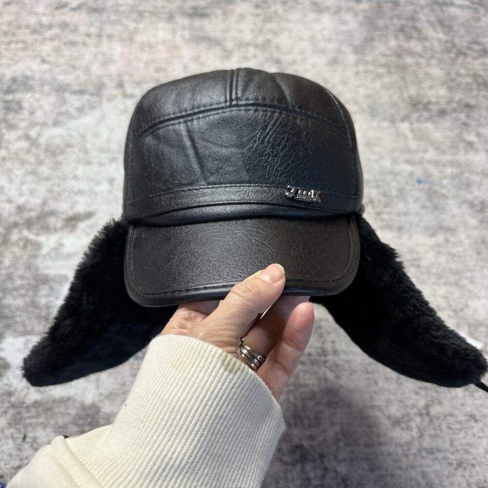 Faux Leather Faux Fur Trapper Aviator Hat Black Warm Winter Hat with Ear Flaps